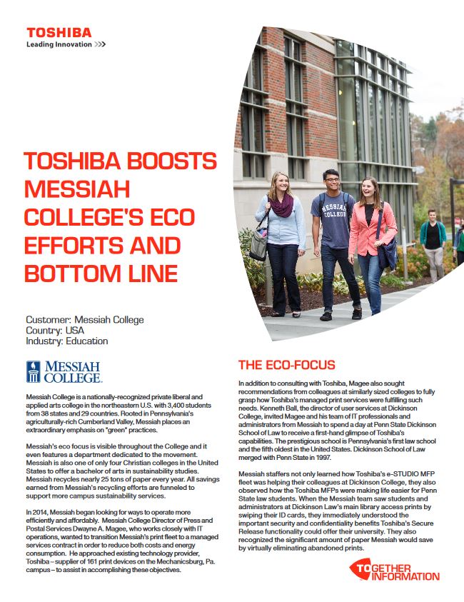Messiah College, Eco Efforts, Industry Solutions, Vertical Markets, Toshiba, Oklahoma Copier Solutions